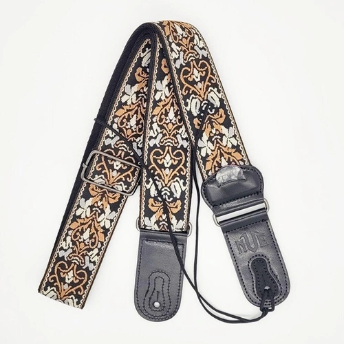 NVE jacquard guitar strap Leather Ends with built in pick holder Gold Grey