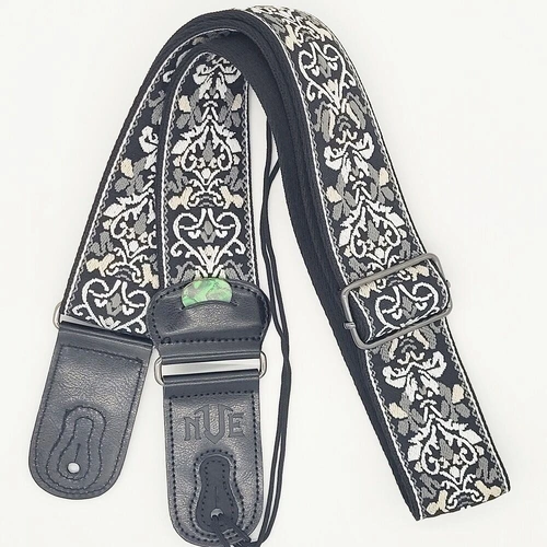 NVE jacquard black white guitar strap Leather Ends with built in pick holder 