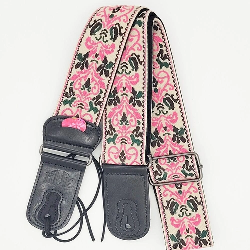 NVE jacquard guitar strap Leather Ends with built in pick holder Pink