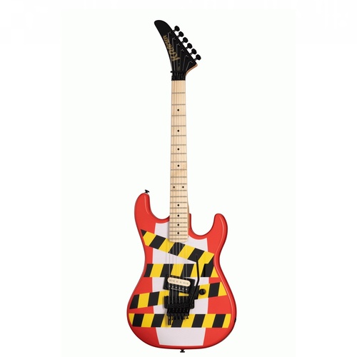Kramer Baretta Electric Guitar - Warning Tape on White Red with Reverse Headstock