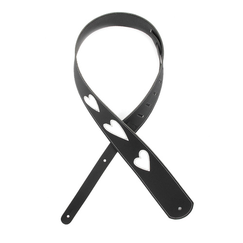 D'Addario Deluxe Leather Guitar Strap, Heart Icon Patches, Black with White