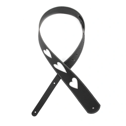 D'Addario Deluxe Leather Guitar Strap, Heart Icon Patches, Black with White