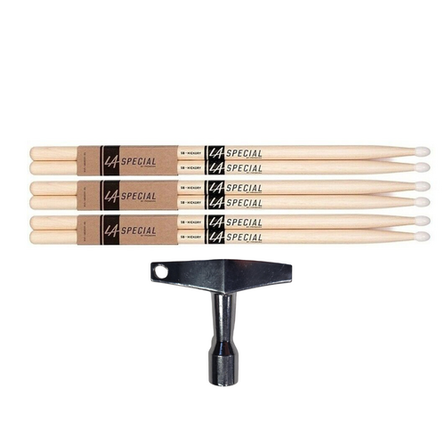 LA Special by Promark 5BW Hickory Drumsticks Wood Tip 3 pairs + BBT Drum Key