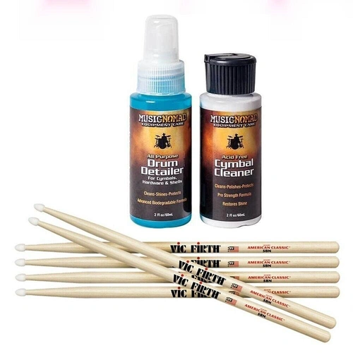 Music Nomad Drum & Cymbal Care Kit + 3 Pairs Vic Firth 5A Drumsticks