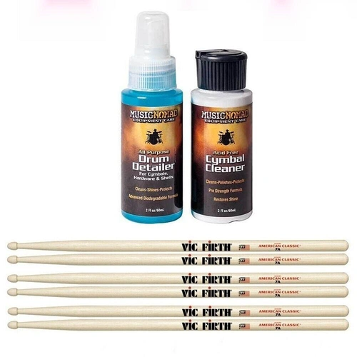 Music Nomad Drum & Cymbal Care Kit + 3 Pairs Vic Firth 7A Drumsticks