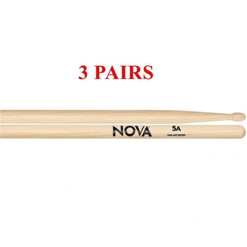 Vic Firth Nova 5A wood Tip Hickory Drumsticks - N5A - 3 Pairs