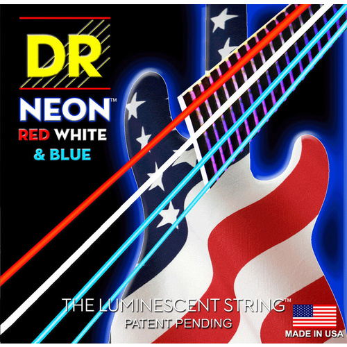  DR Strings Hi-Def NEON Red White & Blue Electric Bass Guitar Strings 45 - 105