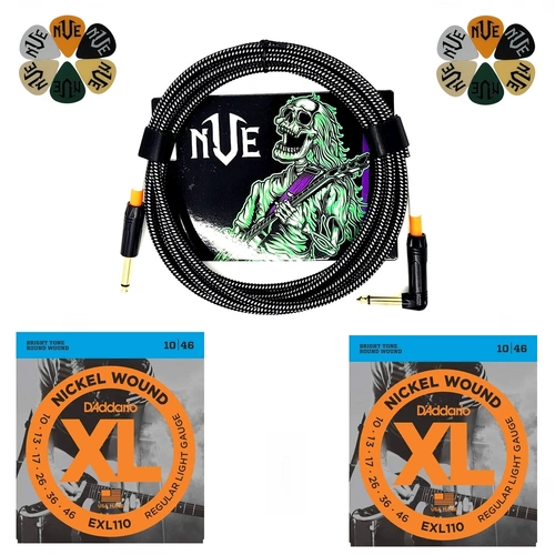 D'Addario EXL110 Electric Guitar Strings + Guitar Cable + Picks Bundle