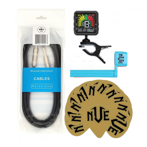NVE Guitar Accessories Pack - Tuner - 12 Picks - Instrument Cable - Peg Winder