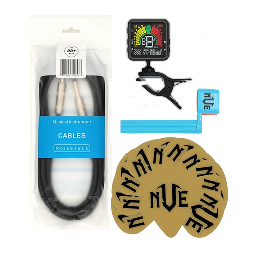 NVE Guitar Accessories Pack - Tuner - 12 Picks - Instrument Cable - Peg Winder