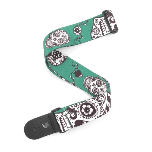 D'Addario Polyester Guitar Strap, Sugar Skulls, Green