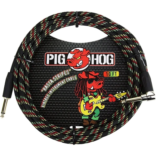 Pig Hog   Instrument Cable 1/4"  Straight to Right Angle Rasta Stripes
