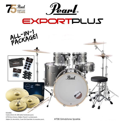 Pearl Export 22" Fusion 5-Piece Drum Kit Grindstone Sparkle c/ Zildjian Cymbals