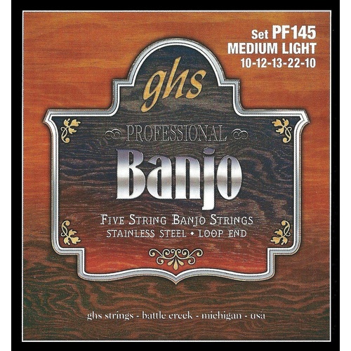 GHS Strings PF145 5-String Banjo Strings, Stainless Steel, Medium Light 10 - 22
