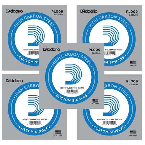 5 x D'Addario PL009 Plain Steel Guitar Single String, .009