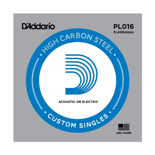 5 x D'Addario PL016 Single Plain Steel .016 Acoustic or Electric Guitar Strings