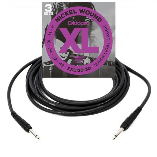 D'Addario EXL120 3 Sets Electric Guitar Strings + 20 foot Instrument Cable