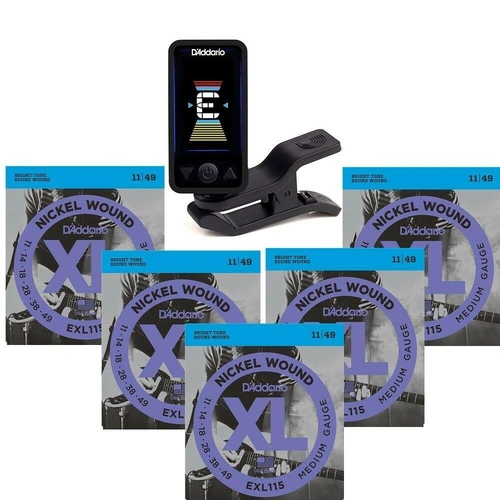 D'addario Eclipse Rechargeable Clip-On Tuner 5 x EXL115  Guitar Strings