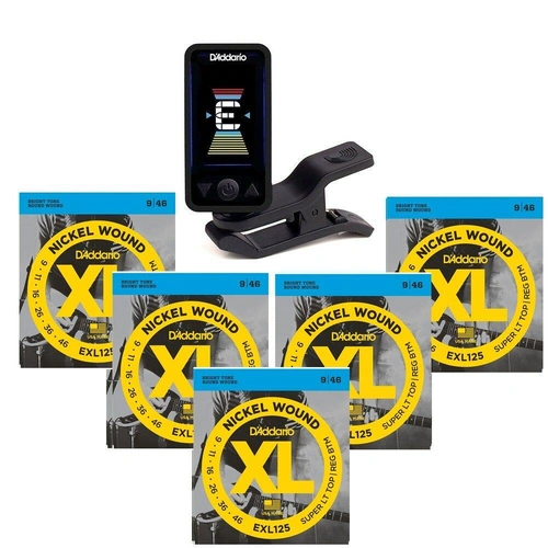 D'addario Eclipse Rechargeable Clip-On Tuner 5 Sets EXL125 Guitar Strings
