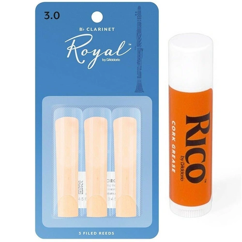 Rico Royal Woodwinds Bb Clarinet Reeds, 3 x Strength 3  with Cork Grease