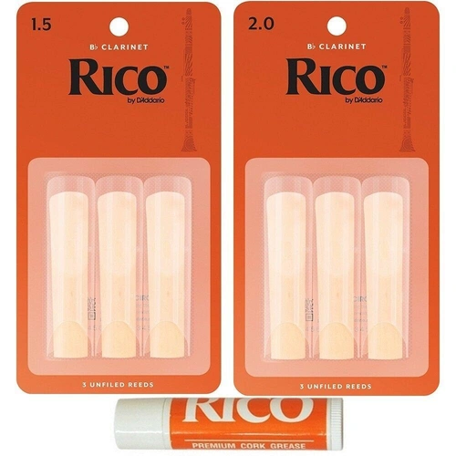 Rico Bb Clarinet Student Pack 3 x 1.5 reeds 3 x 2.0 Reeds + Cork Grease