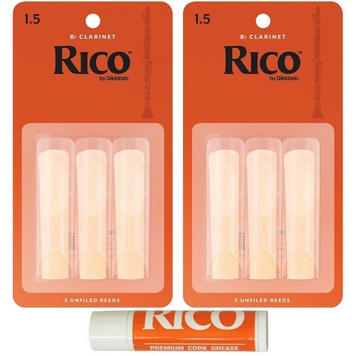 Rico Bb Clarinet 6 x Reeds Strength 1 1/2  Student Pack c/w Cork Grease