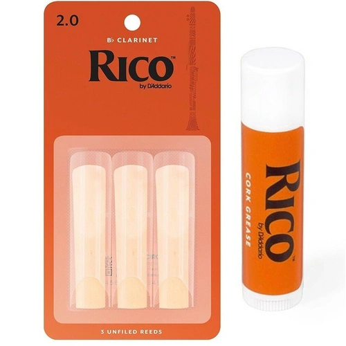 Rico Bb Clarinet 3 x Reeds, Strength 2  with Cork Grease