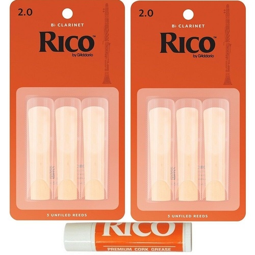 Rico Bb Clarinet Student Pack 6 x Strength 2.0 reeds   + Cork Grease