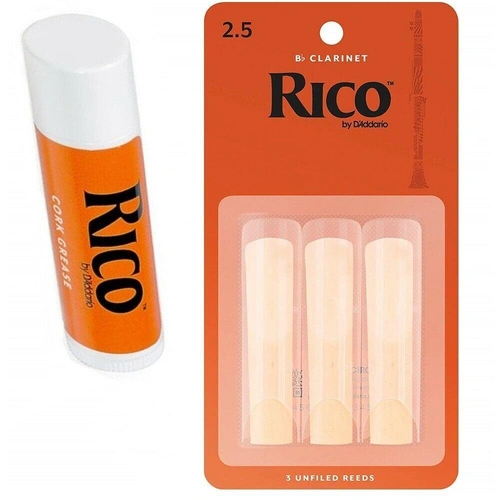 Rico Bb Clarinet Reeds Strength 2 1/2  3-pack c/w 1 Cork Grease