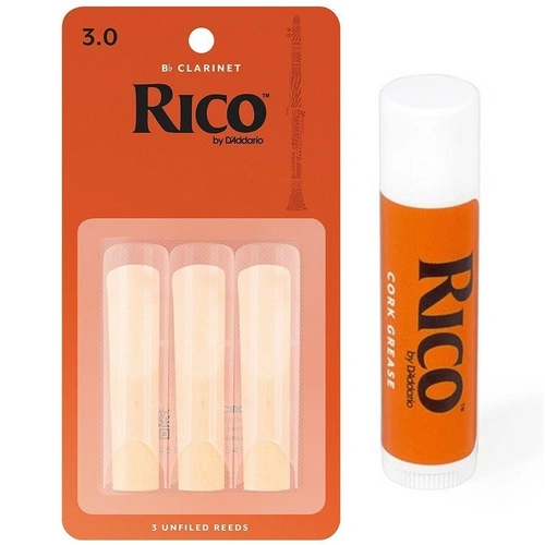 Rico Bb Clarinet 3 x Reeds, Strength 3  with Cork Grease