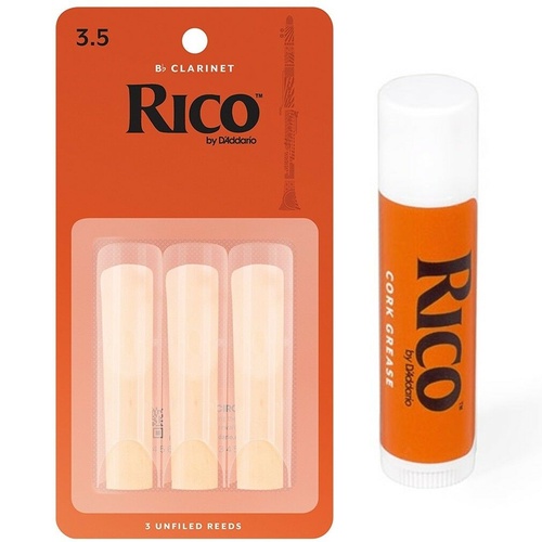 Rico Bb Clarinet 3 x Reeds, Strength 3.5  with Cork Grease