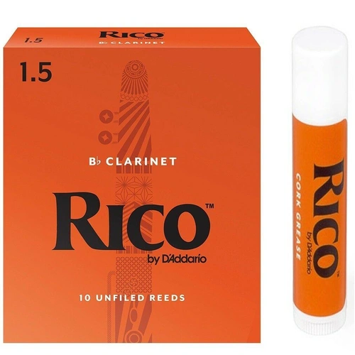 Rico Bb Clarinet 10 x Reeds, Strength 1.5 ( 1 1/2 ) 10-pack  with Cork Grease