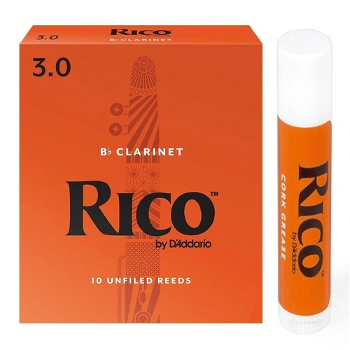Rico Bb Clarinet 10 x Reeds, Strength 3  ( 3 ) 10-pack  with Cork Grease