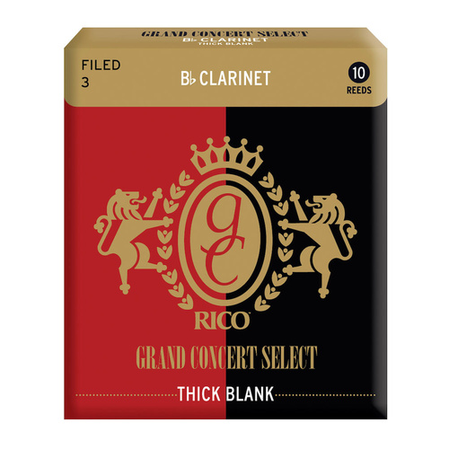 Rico Grand Concert Select Thick Blank Bb Clarinet Reeds, Filed, Strength 3.0, 10 Pack