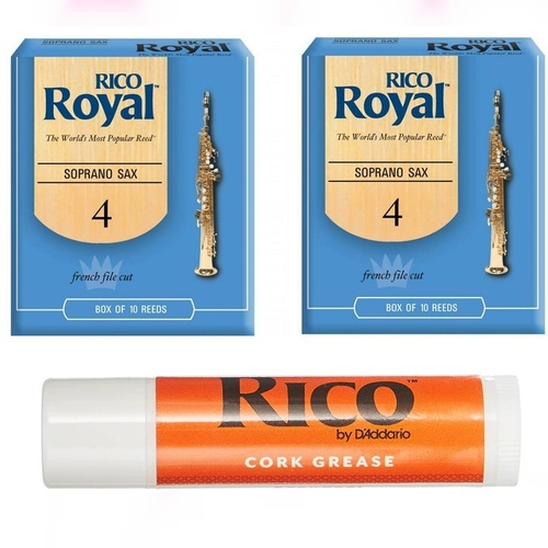 Rico Royal Soprano Saxophone Reeds 20-Pack Strength 4 + Cork Grease