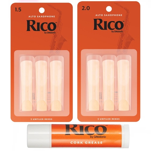 Rico Alto Saxophone Reeds, Strength 1.5 X 3, 2.0 X 3 - Cork Grease