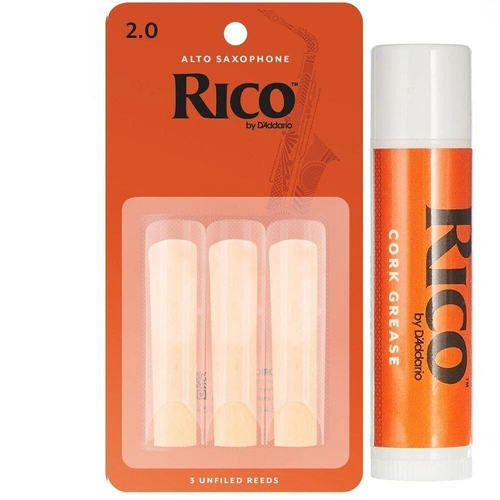 Rico Alto Saxophone Reeds, Strength 2.0 - 3 Pack + Cork Grease