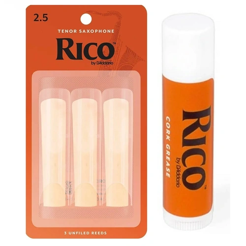 Rico 3 Pack Tenor Saxophone Reed Strength 2.5 with Cork Grease 