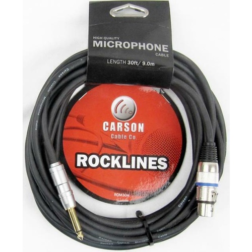 Carson Rocklines 30ft XLR to Jack Microphone Cable - Cannon to Jack Lead 9m