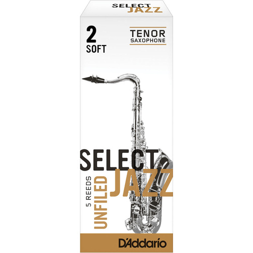 D'Addario Select Jazz Unfiled Tenor Saxophone Reeds, Strength 2 Soft, 5-pack