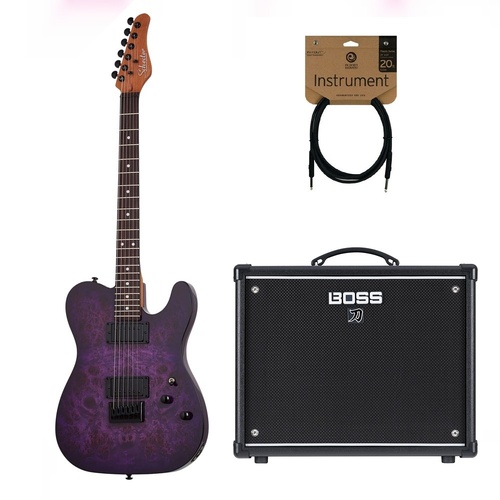 Schecter PT Electric Guitar - Purple Burst Burl + Boss Katana 50W amp + Planet waves Cable