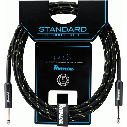 Ibanez SI10 CGR Woven Guitar Cable w/ 2 Straight Plugs - 10ft - Black/Green