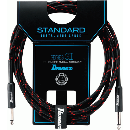 Ibanez SI10 CGR Woven Guitar Cable w/ 2 Straight Plugs - 10ft - Black/Wine Red