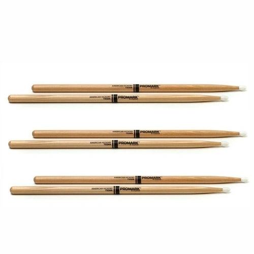 Promark TX5AN American Hickory Nylon Tip 5A Nylon Tip  Drumsticks - 3 Pairs