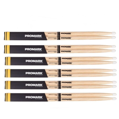 Promark  American Hickory Drumsticks Nylon Tip 5BN - TX5BN Drum Sticks 6 Pairs