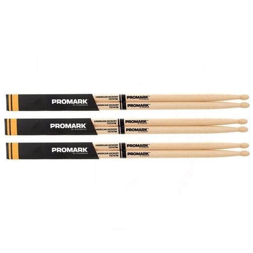 Promark TX747W American Hickory "Rock" Wood Tip  Pro Mark 3 Pairs