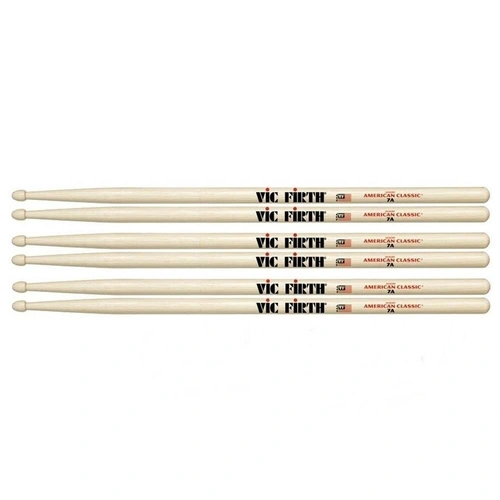 3 Pairs Vic Firth 7AW Classic Hickory 7A Wood Tip Drum Sticks