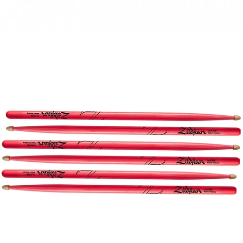 Zildjian 5A Acorn Neon Pink  Hickory Drumsticks Wood Acorn Tips - 3 Pairs