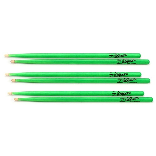 Zildjian 5A Acorn Neon Green Hickory Drumsticks with Wood Acorn Tips, 3 pairs