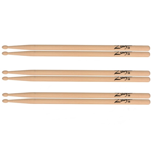 Zildjian 5B Drumsticks - 3 Pairs Hickory Wood Natural Finish Wood Tip - Z5B